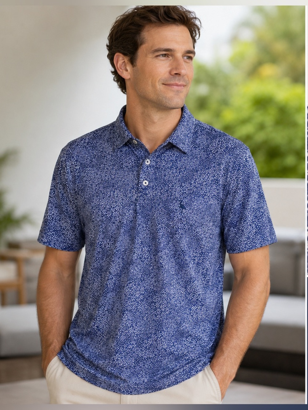 TailorByrd Performance Golf Polo Shirt Blue Floral All Over Print Men's Size XL
